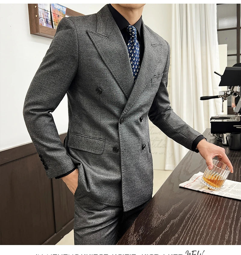 Men Vintage Luxury Double Breasted Slim Fit Lapel Evening Gown ltalian Style Fashion High-end Groom Wedding Party Tuxedo 2 Piece