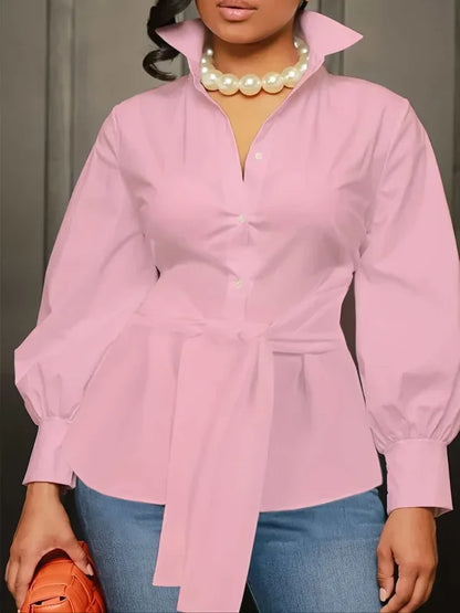 Plus Size 1XL-5XL Fashion Women‘s Solid Color Lapel Collar Blouse Ladies Casual Elegant Chic Top Long Sleeves Shirt