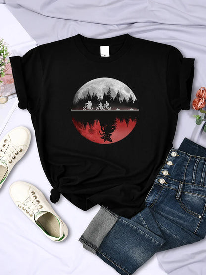 Boys Riding Bicycles Print T Shirt Womens Summer Cool T-Shirt Hip Hop Breathable Tee Shirtfashion Casual Short Sleeve Female