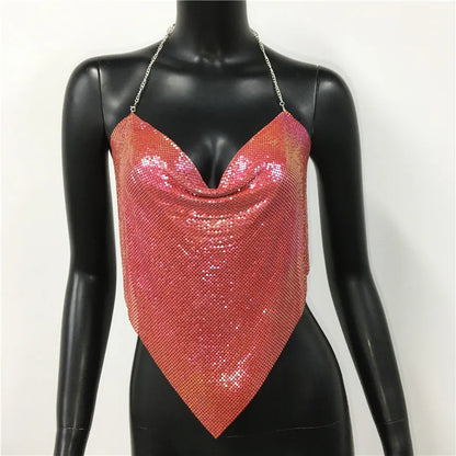 Shiny Metal Sequins Tank Tops For Women Sexy Backless V Neck Adjustable Chain Crop Top Lady Festival Rave Party Club Camisole