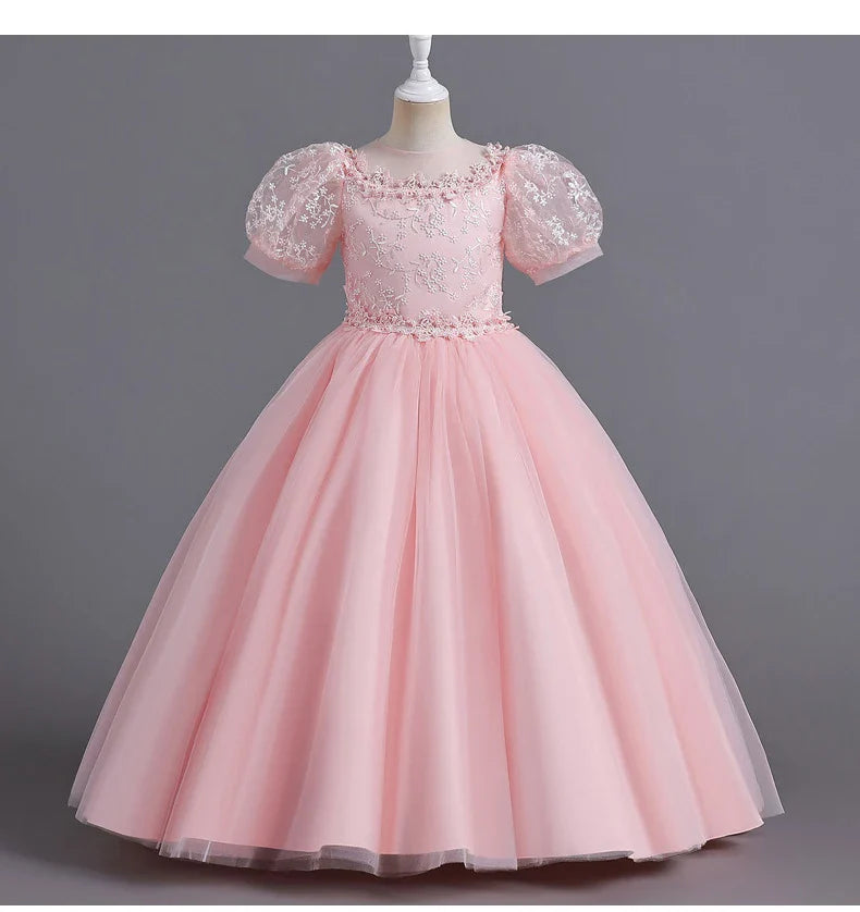 8901 Vestido Infantil para Meninas de 4 a 12 anos Princesa Lantejoulas Manga Bufante Longo Tule Florista Casamento Verão Pequeno