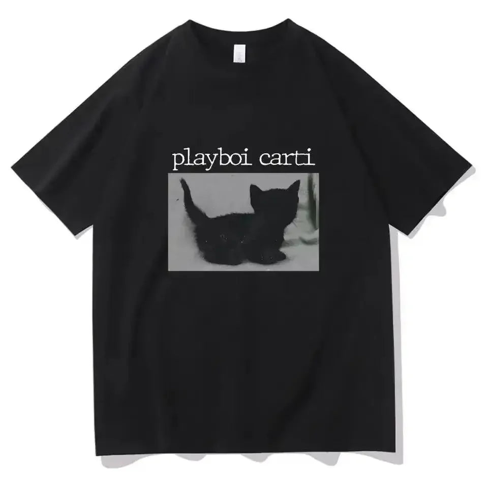 Summer Playboi Carti Hip-Hop T Shirt Cute Cat Harajuku Print Tee Regular Men's Clothing Tops Quality Rapper 2026 New T Shirt