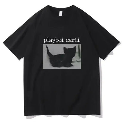 Summer Playboi Carti Hip-Hop T Shirt Cute Cat Harajuku Print Tee Regular Men's Clothing Tops Quality Rapper 2026 New T Shirt