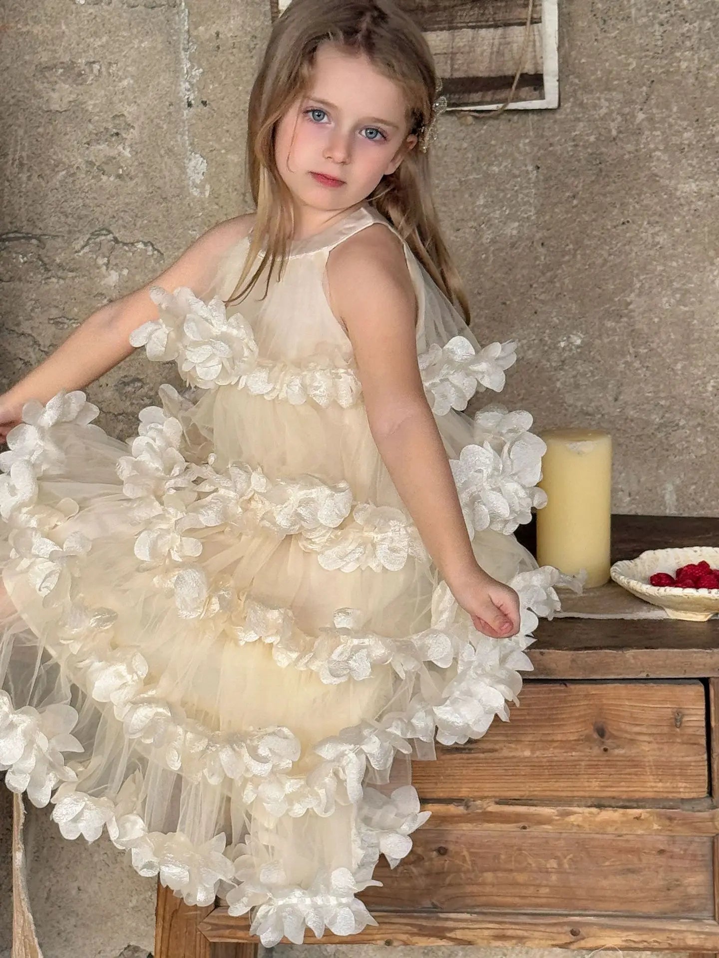 2025 Spring Summer New Children Clothing Girls Neck Hanging Flower Layered Long Dress Korean Children Birthday Princess Dress