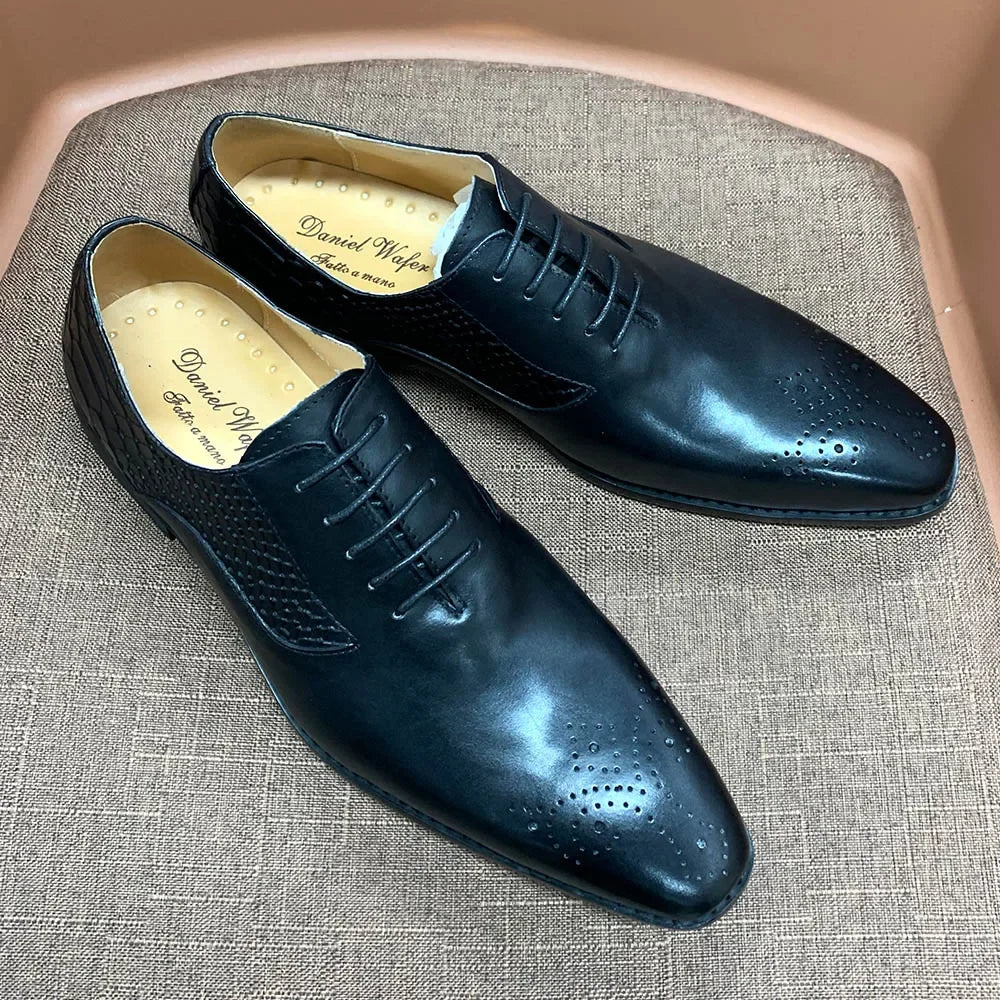 Luxury Men's Genuine Leather Oxford Shoes Snake Skin Print Black/Purple Lace-Up Square Toe Formal Dress Shoes