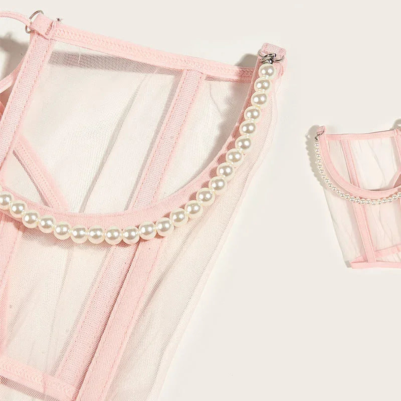 Pearl Chain Bustiers Tied Waspie Wide Belt Cinchers Underwire Lace-up Underbust Corset Bustier Corsets Tops Boned Corset