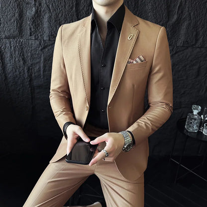 Men's Korean Style Slim Fit Suit Set, High Quality Fabric Solid Color Edge Pressing for Wedding Business