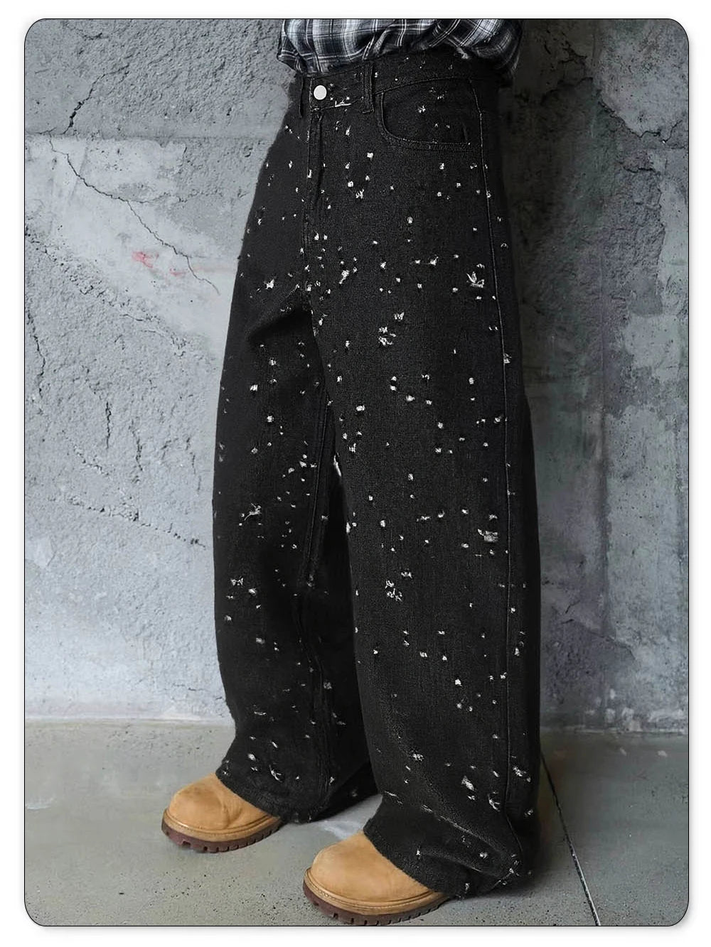 Japanese-Korean Style Baggy Jacquard Wide-leg Jeans American Retro Distressed Crochet Fabric Wide-leg Denim Pants Unisex