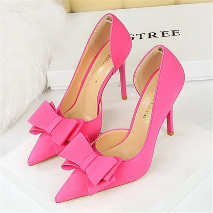 2024 Women 10.5cm High Heels Sweet Korean Side Hollow Pumps Lady Party Purple Green Kawaii Bowknot Heels Prom Silk Satin Shoes