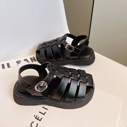 Children's Summer Sandals Girls Woven Baotou Princess Shoes Non-slip Hollow Roman Soft Sole Leather Shoes Buckle Roman Slippers