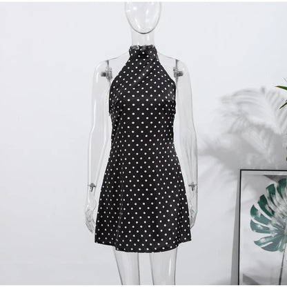 Fashion Lace Up Polka Dot Mini Dress Women Square Collar Short Sleeve Satin Party Dresses2026 Summer Lady Elegant Beach Robe New