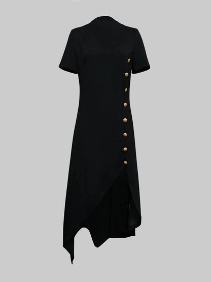 Wedding Black Dresses for Women Gold Button Clothes Asymmetrical 2025 Summer Woman Short Sleeves Party Maxi Dresses