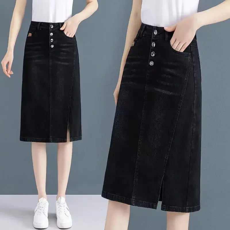 Chubby High Waist Female Jeans Skirts Blue Women's Denim Skirt with Pocket Midi To Knees Length 2025 Trend New in Y2k Vintage V