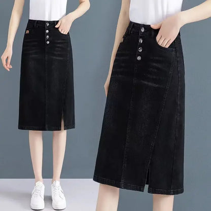 Chubby High Waist Female Jeans Skirts Blue Women's Denim Skirt with Pocket Midi To Knees Length 2025 Trend New in Y2k Vintage V