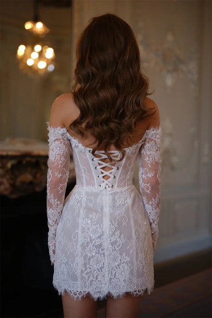 Customized White Off the Shoulder Wedding Dresses Lace Long Sleeve Back Lace-Up Bridal Gowns Flower Mini Wedding Gowns