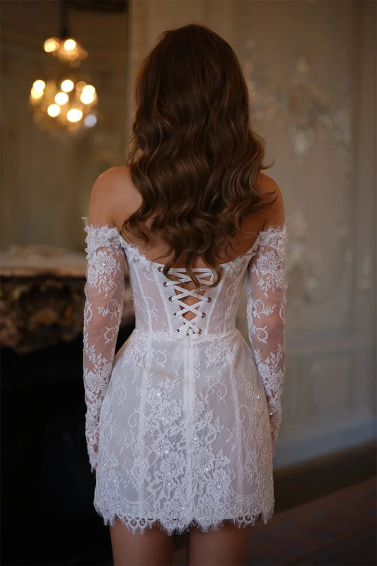 Customized White Off the Shoulder Wedding Dresses Lace Long Sleeve Back Lace-Up Bridal Gowns Flower Mini Wedding Gowns