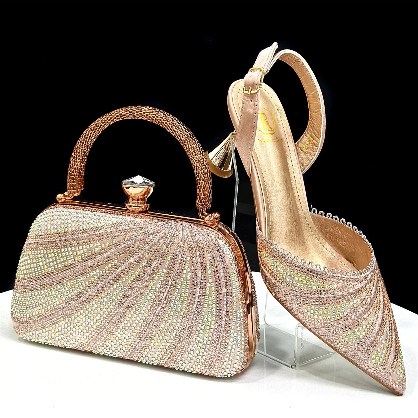 New Green Colour Pointed-Toe Diamond-Studded Party Women's High Heels Gorgeous Parties Shoes and Bag to Match