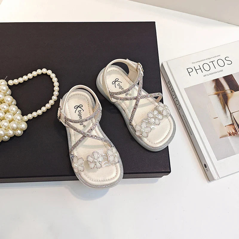 Girls Princess Sandals Children Summer Beach Shoes Soft Bottom Anti-slippery Fashion Kids Flowers Rhinestone Sandals Size 23-36
