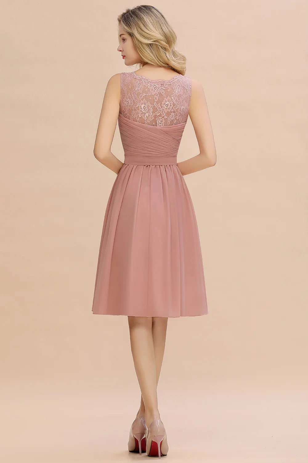 Dusty Rose Chiffon Lace Bridesmaid Dresses Pleat V Neck Short Formal Wedding Evening Party Prom Gown For Bride Cocktail Vestidos