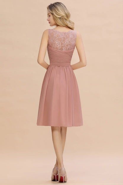 Dusty Rose Chiffon Lace Bridesmaid Dresses Pleat V Neck Short Formal Wedding Evening Party Prom Gown For Bride Cocktail Vestidos