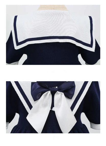 Short Sleeve Solid Color Sailor Collar Dress Girls Princess Style Birthdays Party Dress Girls Casual Dresses