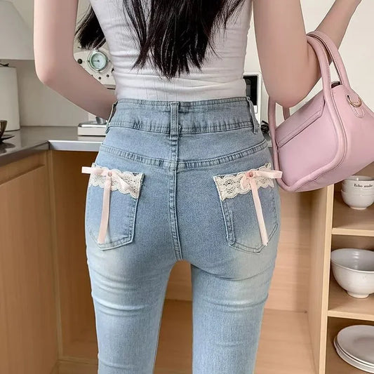 Girls Sweet Lace Bowknots Decoration Blue Flare Jeans