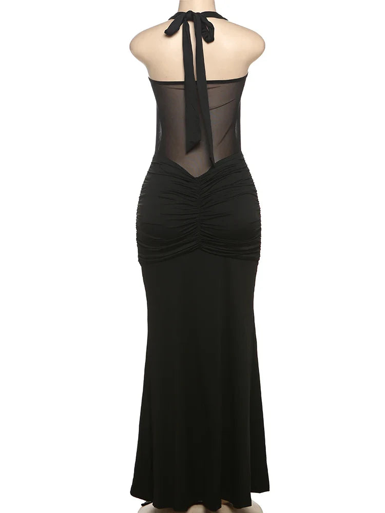 Mesh Patchwork Dress Women Summer Trend Off Shoulder Backless Ruched Ribbon Midnight Prom Party Hipster Vestidos