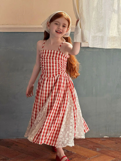 2025 Summer New Children Fairy Long Dress for Girls French Red Checkered Lace Splicing Lace Strap Dress