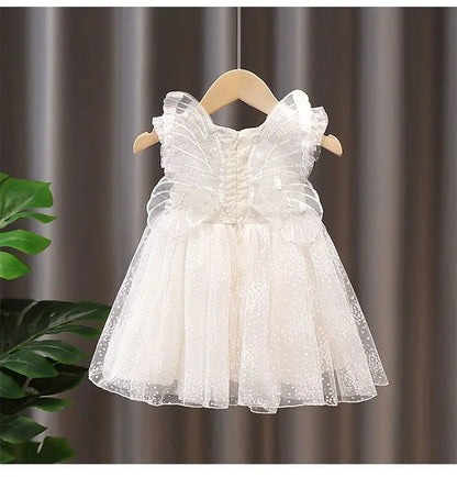 Girls Summer White Princess Dress Kids Tulle Tutu Skirt With Wings Cute Baby Girls Fluffy Party Dress For Birthday Holiday