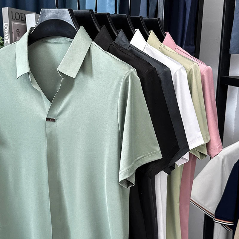 High quality ice silk short sleeve T-shirt men's lapel top trendy brand design cool silky breathable summer casual polo shirt