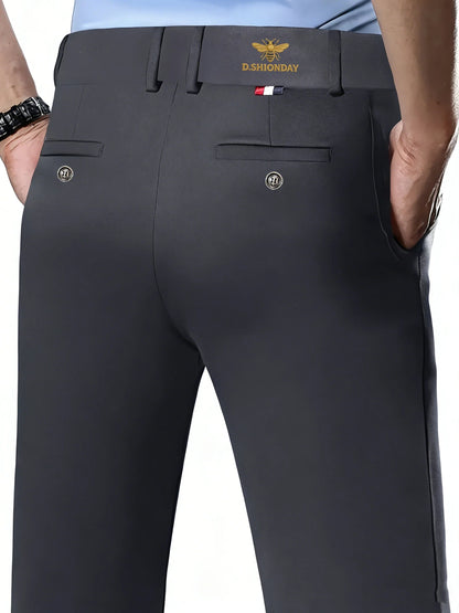 Men's Luxury Bee Waist Logo Business Casual Pants, High Elastic Slim Fit Formal Trousers for Office Commute & Daily Wear
