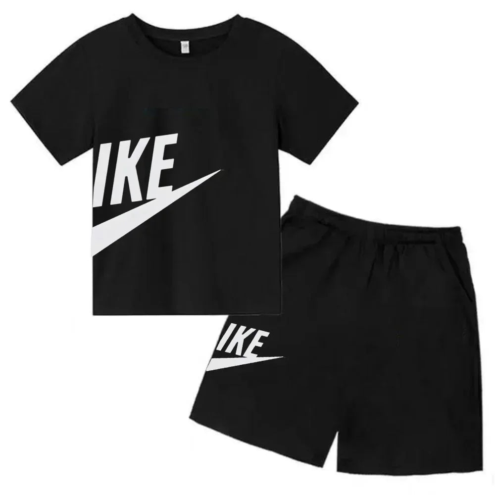 Fashion Sport 2Pcs Outfit, Printed Short Sleeve Tee and Shorts, Comfortable Summer Tracksuit for Boys Girls