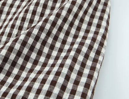Spring Summer O-Neck Short Puff Sleeve Small Plaid Tops Women Back Button Decoration Tops Female Casual Wear 2026 New