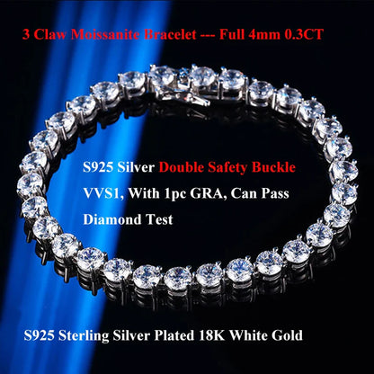 3 Claw 2.5/3mm Full D Color Moissanite Diamond Tennis Bracelet Hidden Buckle for Women Man 925 Silver Link Chain Bracelets