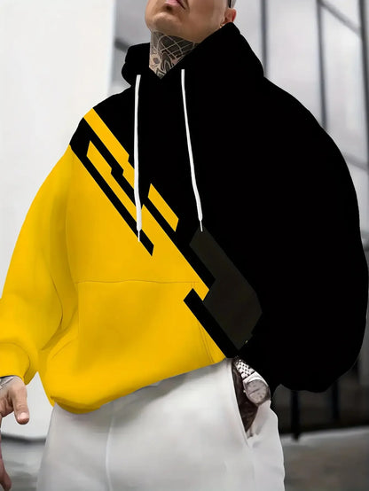 Men's Stylish Color-Blocked Hooded Sweatshirt | Trendy Black & Yellow Sportswear for Fall/Spring | Fashion Loose Fit Casual Top
