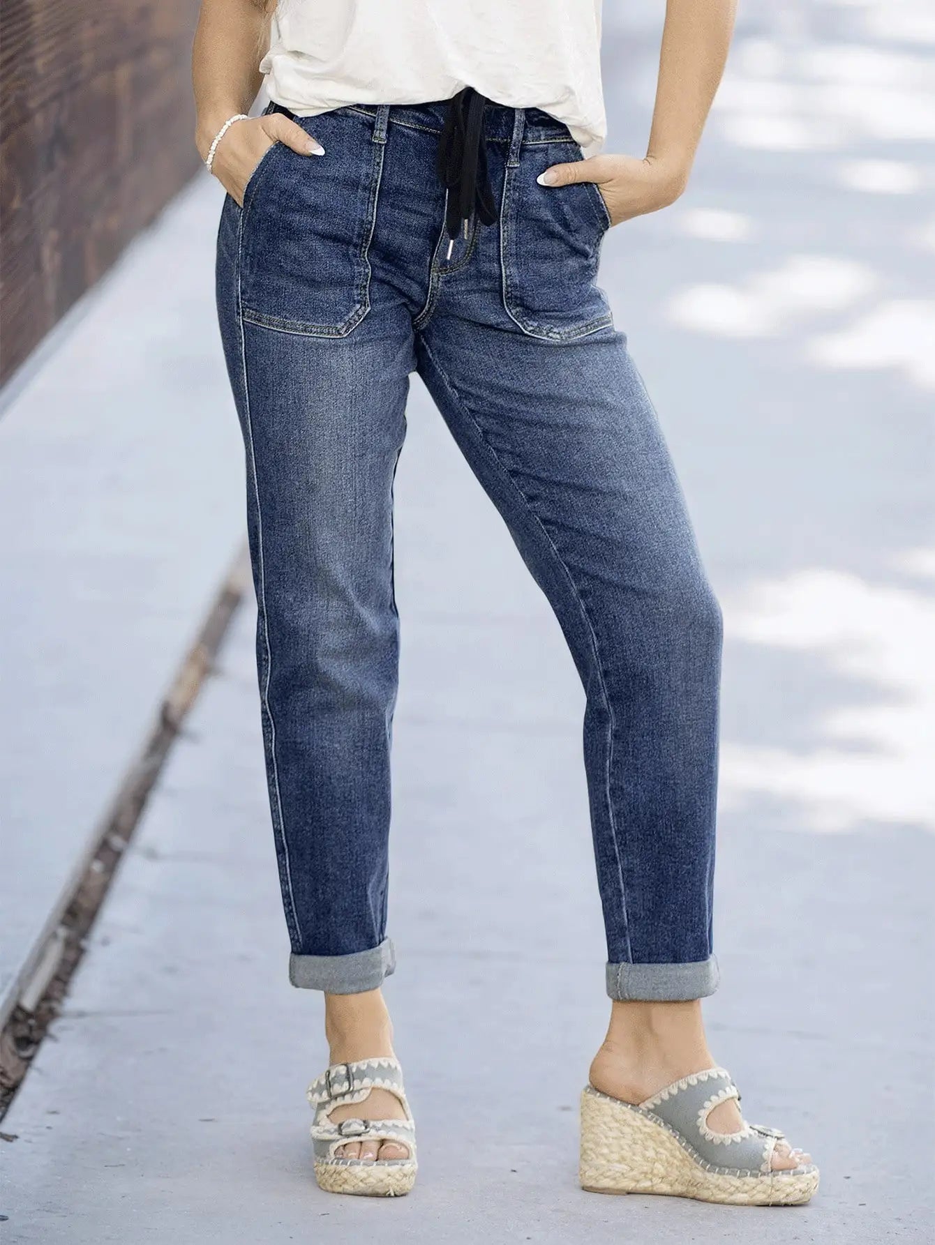 Women's Slim Fit Tie-Waist Washed Denim Jeans
