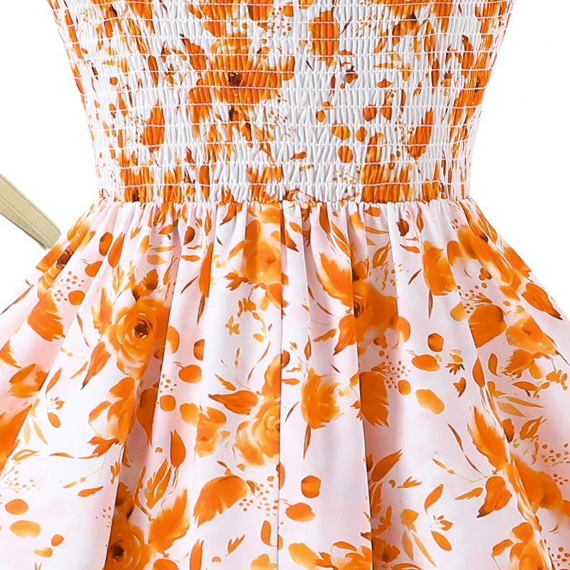 Girls 8-12 Orange Floral Summer Casual Dress, Front Spaghetti Strap Bow Decor Ruched Waist & Tiered Skirt, Daily Kids Outfit
