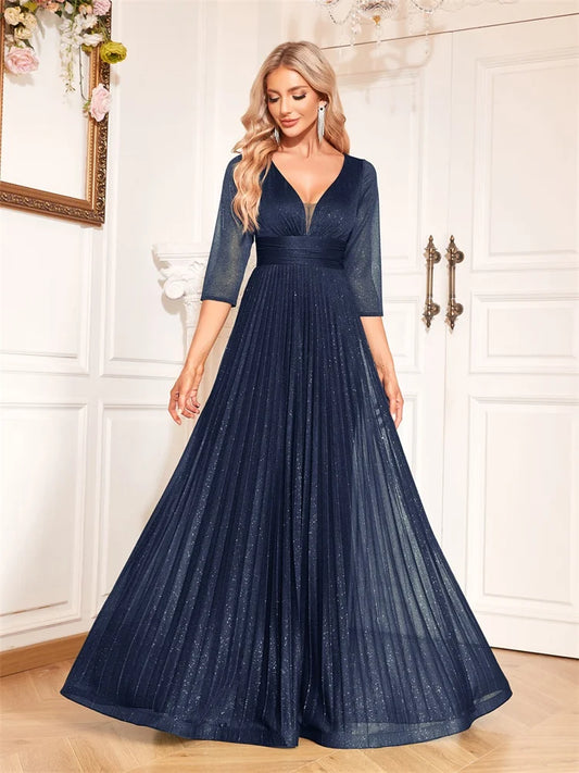 Luxury Long Sleeve Formal Evening Dress elegant V-Neck Floor-Length  Women 2025 Chiffon Prom Cocktail Graduation Gowns