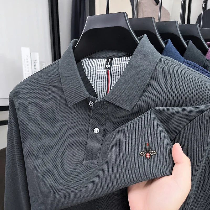 100% cotton high-end spring and autumn new men's long sleeved casual comfortable polo shirt exquisite brand bee embroidery top