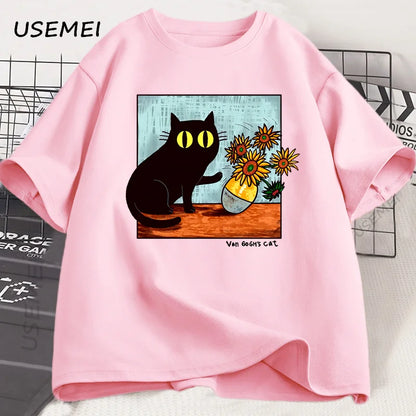 T Shirts Men Women Flower Black Cat T-shirt Round Neck Cotton Short Sleeve Trendy Tee Shirt Streetwear