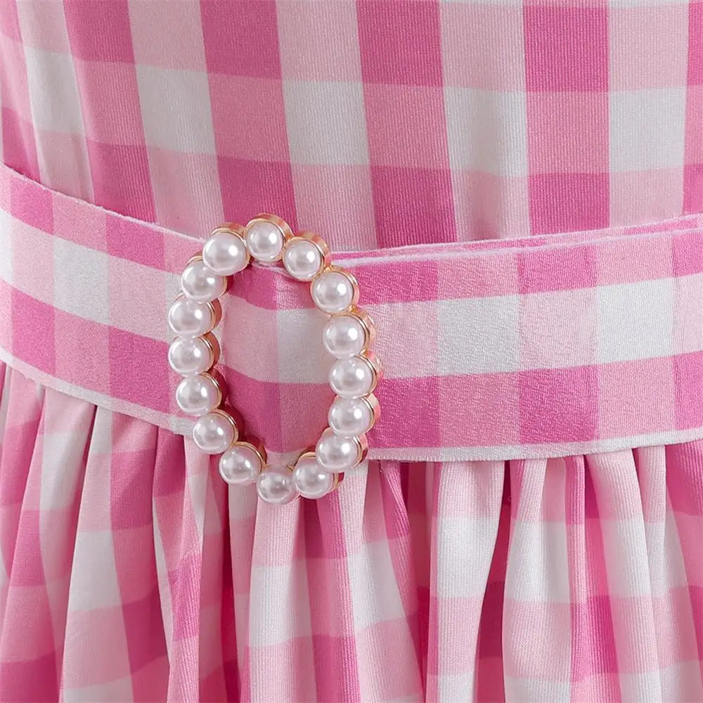 Girl Cosplay Costume Children's Summer Sweet Pink Plaid Dresses Party Princess Dress Casual Clothing 4-13 Years Old