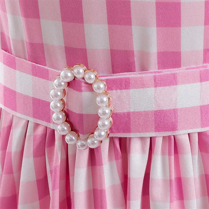 Girl Cosplay Costume Children's Summer Sweet Pink Plaid Dresses Party Princess Dress Casual Clothing 4-13 Years Old