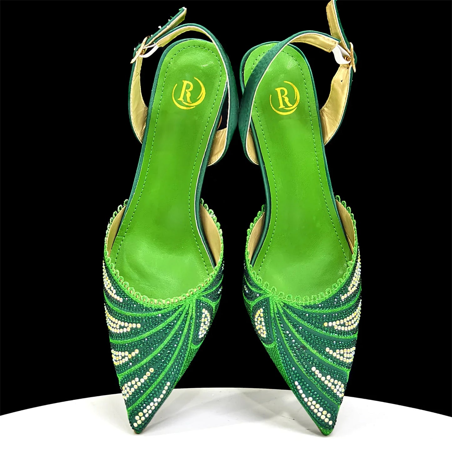 New Green Colour Pointed-Toe Diamond-Studded Party Women's High Heels Gorgeous Parties Shoes and Bag to Match