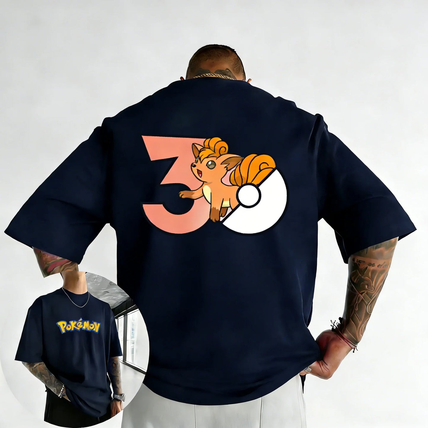 30th Anniversary Vulpix Printed T-shirt Summer New Men's and Women's Loose Casual Hip Hop Trendy Short Sleeve Top