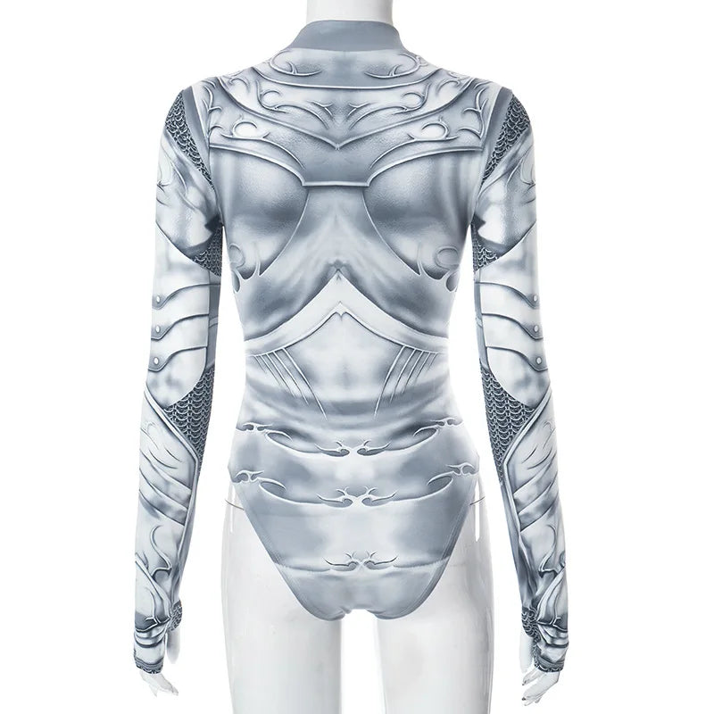 Printed Skinny Sexy Bodysuit Lingerie Gray One-pieces Bustier Long Sleeve Corset Top Streetwear Fashion Trends Women Clothing