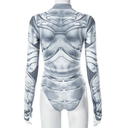 Printed Skinny Sexy Bodysuit Lingerie Gray One-pieces Bustier Long Sleeve Corset Top Streetwear Fashion Trends Women Clothing