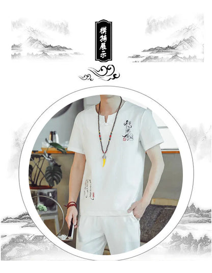 (Shirt + trousers) 2025 summer Chinese Style men shirt Cotton and linen shirts men's High quality casual shirts Two Piece M-5XL
