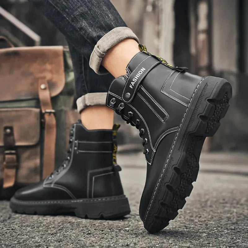 High Top Men's Shoes for Spring and Autumn, New Anti Slip and Waterproof Desert Boots Outdoor Zipper Hiking Shoes Work Boots