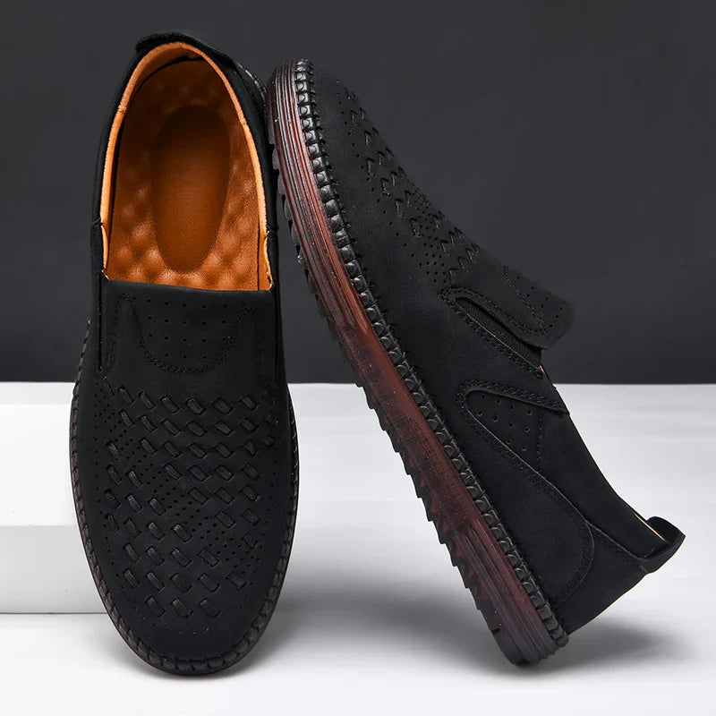 New 2024 Handmade Leather Men Shoes Design Fashion Sneakers Slip On Loafers Summer Mesh Breathable Casual Shoes Men Driving Flat