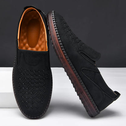New 2024 Handmade Leather Men Shoes Design Fashion Sneakers Slip On Loafers Summer Mesh Breathable Casual Shoes Men Driving Flat